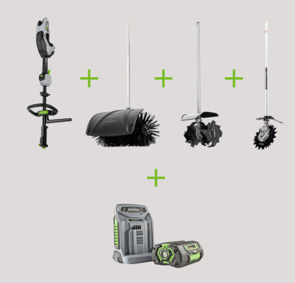 EGO MRC2306E-K2403 Multi-Tool Antriebseinheit + Kehrbürste + Rotocut + Hochentaster + Bodenfräse Kit